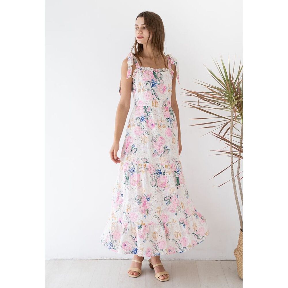 NWOT Pink Floral Embroidered Eyelet Tie-Strap Sleeveless Lined Maxi Dress Medium
